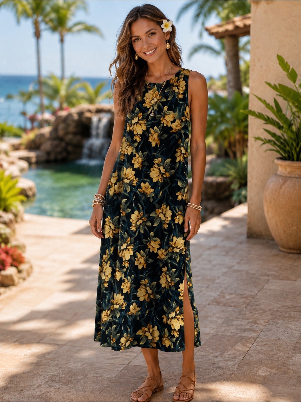 Koret Floral Maxi Dress Size 10 Rayon Linen Blend Resort Tropical Side Slits